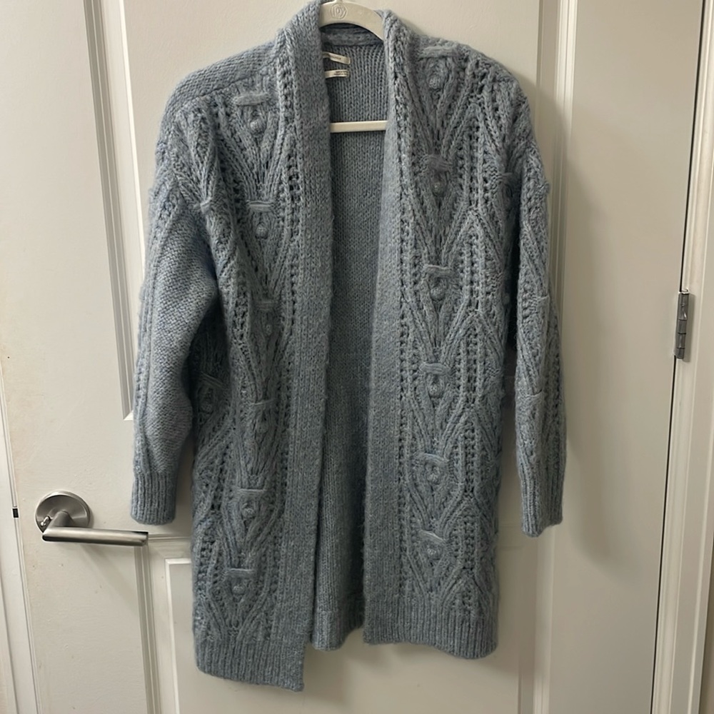 Anthropology, extra, small, long, blue cardigan
